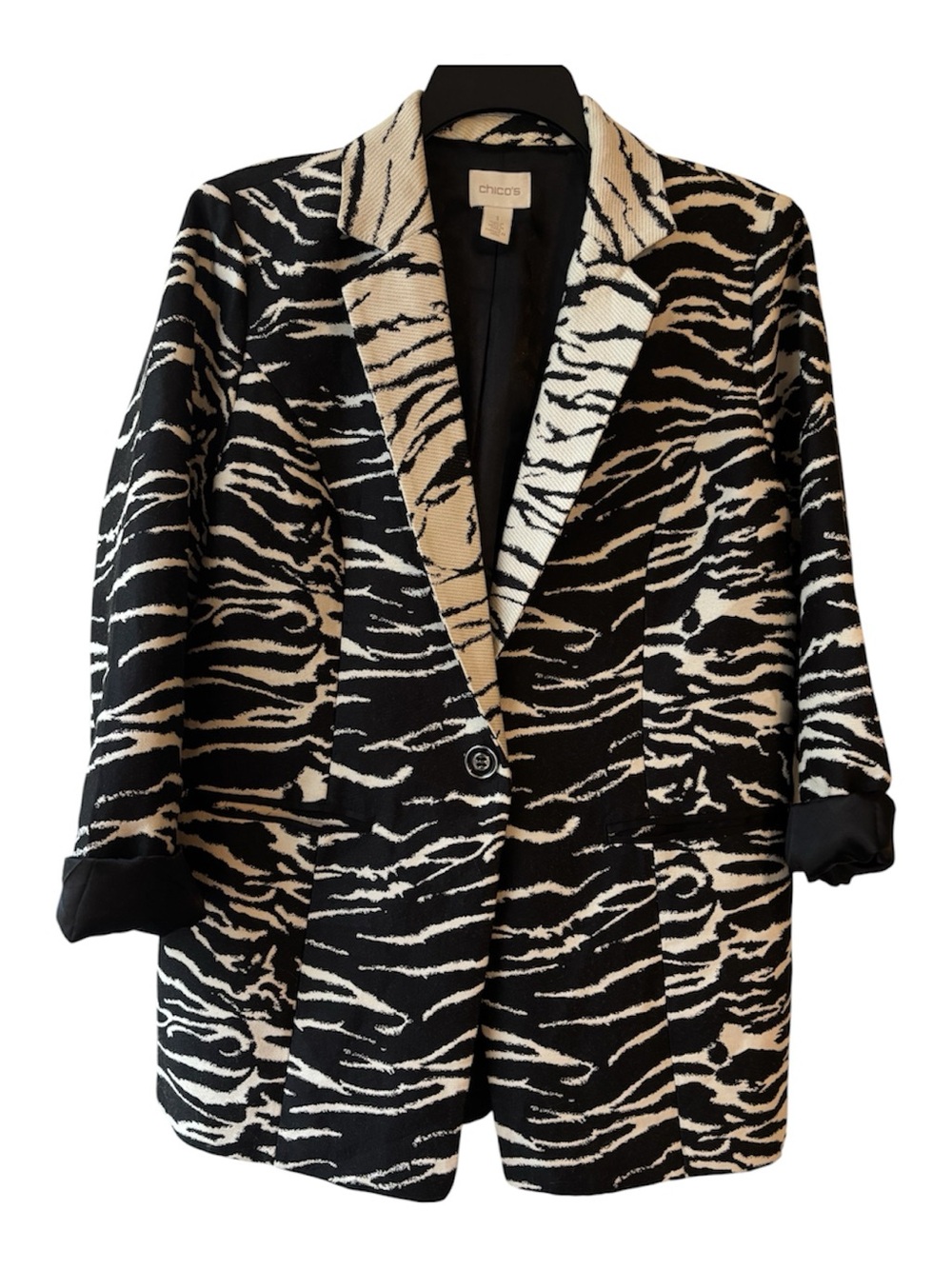Chico's Size 1 Medium Black and White Zebra-Pattern Blazer